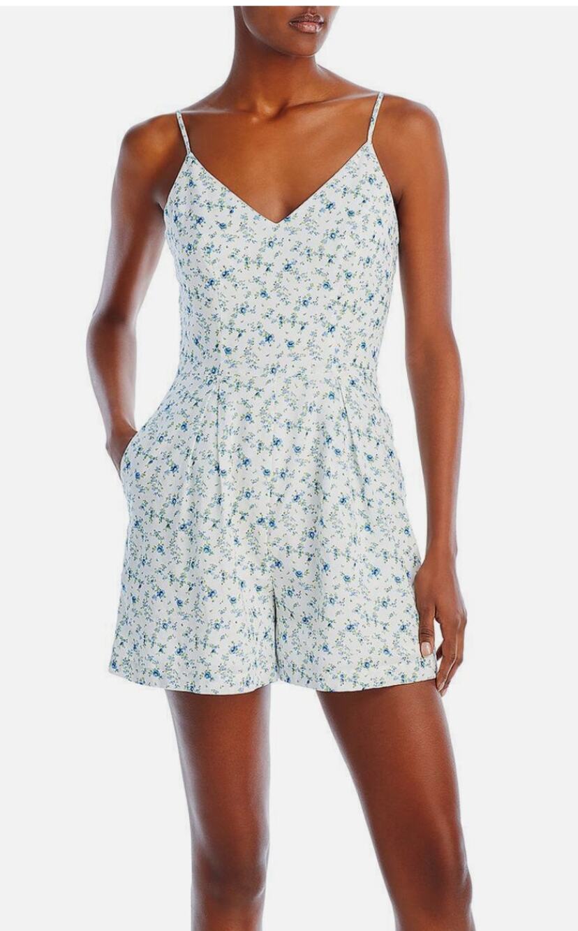 Aqua Womens Linen Blend Sleeveless Floral Print V Neck Romper SIze XL White Blue
